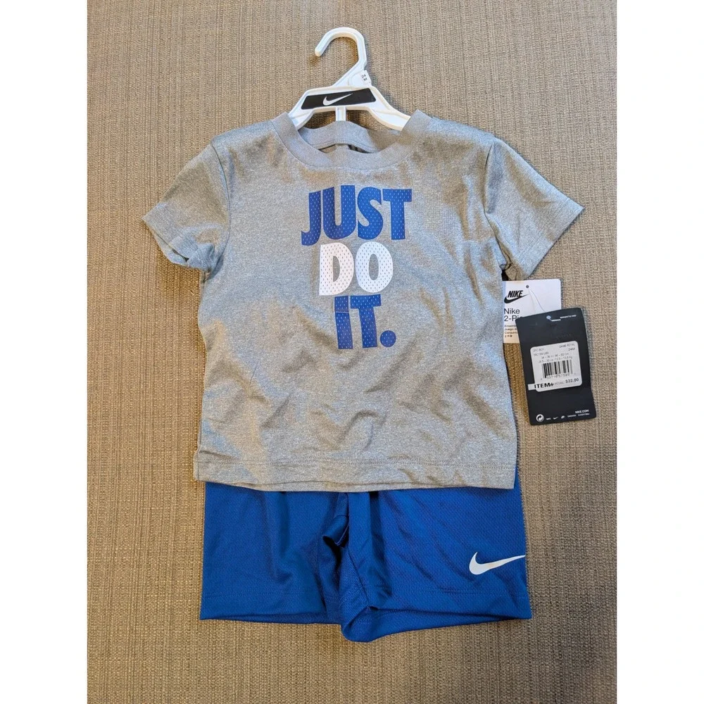 NWT Nike Kids Just Do It 2-Piece T-Shirt and Shorts Set Gray Blue 24M